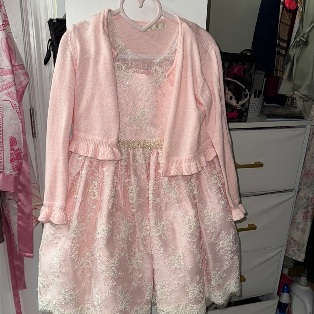 Pink Lace Dress with Cardigan